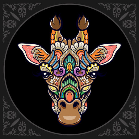 Colorful Giraffe head mandala arts isolated on black backgroundのイラスト素材