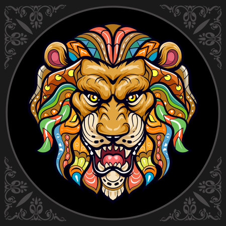 Colorful Lion head mandala arts isolated on black backgroundのイラスト素材