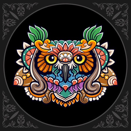 Colorful Owl head mandala arts isolated on black backgroundのイラスト素材
