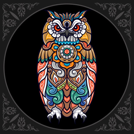 Colorful Owl bird mandala arts isolated on black backgroundのイラスト素材