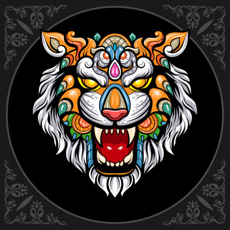Colorful Tiger head mandala arts isolated on black backgroundのイラスト素材