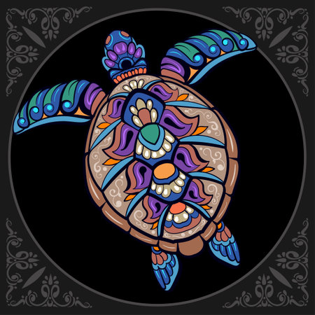 Colorful Sea turtle mandala arts isolated on black backgroundのイラスト素材