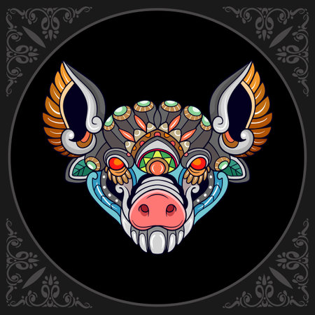 Colorful pig head mandala arts isolated on black backgroundのイラスト素材