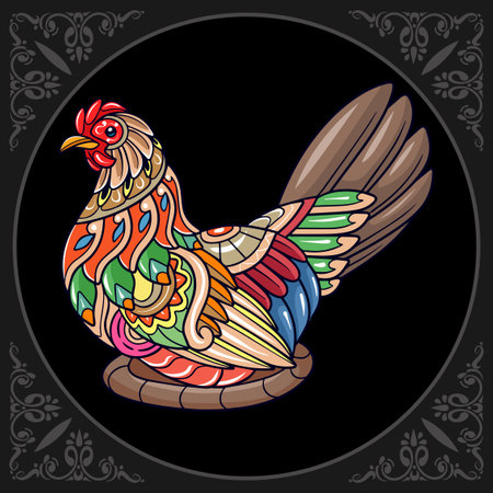Colorful hen mandala arts isolated on black backgroundのイラスト素材