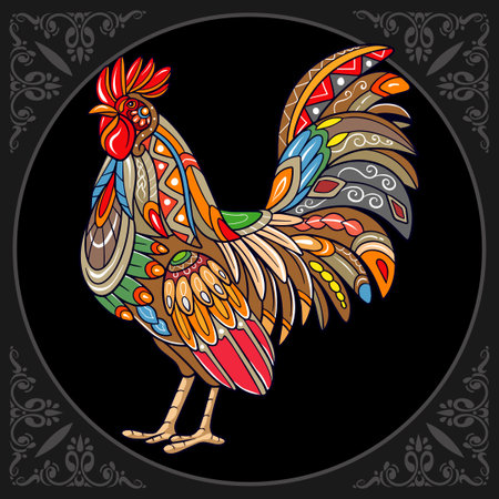Colorful rooster mandala arts isolated on black backgroundのイラスト素材