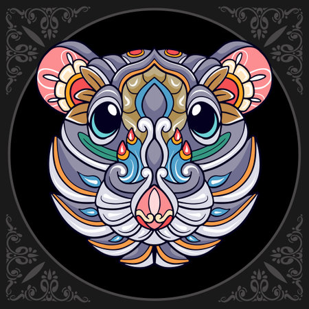 Colorful rat head mandala arts isolated on black backgroundのイラスト素材