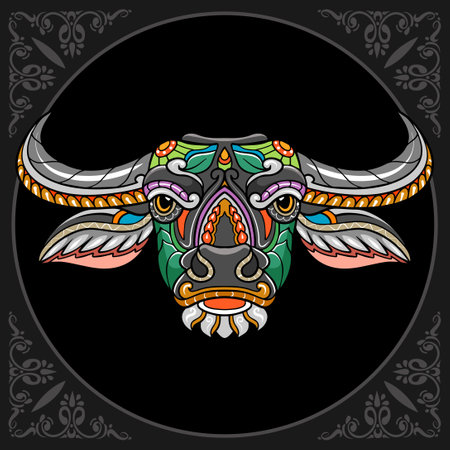 Colorful buffalo head mandala arts isolated on black backgroundのイラスト素材