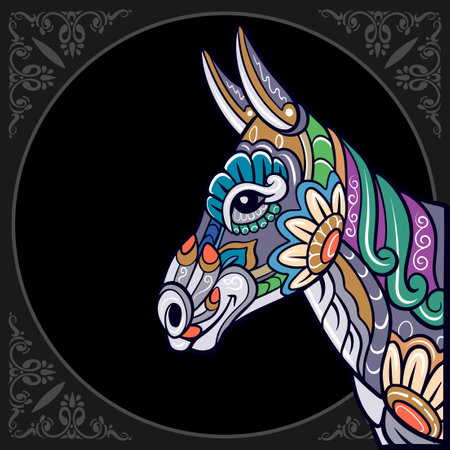 Colorful donkey head mandala arts isolated on black backgroundのイラスト素材