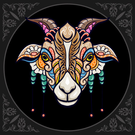 Colorful goat head mandala arts isolated on black backgroundのイラスト素材