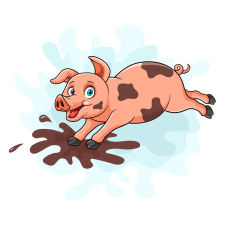 Pig cartoon playing in the mudのイラスト素材