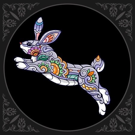 Colorful easter rabbit mandala arts isolated on black backgroundのイラスト素材