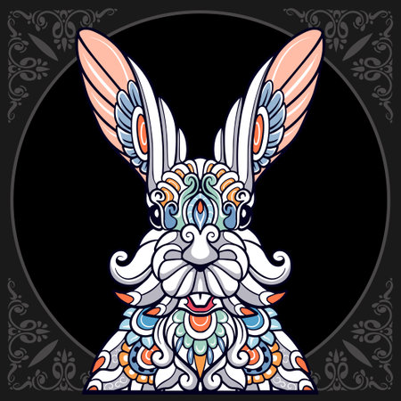 Colorful easter rabbit head mandala arts isolated on black backgroundのイラスト素材