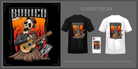 T-shirt design illustration of a skull in a suit playing an acoustic guitar over a graveyard complete with mockup.のイラスト素材