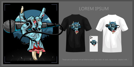 Illustration t-shirt design of zombie hand holding microphone isolated on dark night background complete with mock up.のイラスト素材