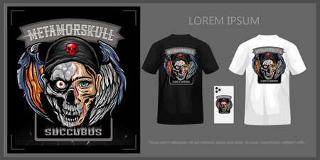 Winged succubus head illustration t-shirt design with skull complete with mock up.のイラスト素材