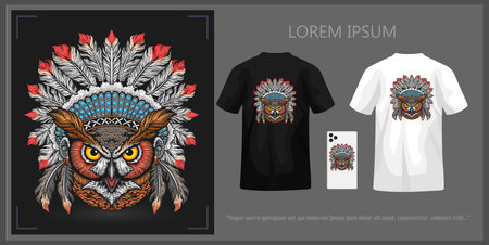 Tribal chief owl t-shirt design, complete with mockup.のイラスト素材