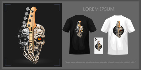 Skull head t-shirt design holding bass complete with mockup.のイラスト素材