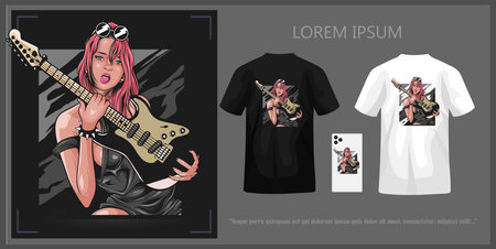 T-shirt design of beautiful woman holding guitar, complete with mockup.のイラスト素材