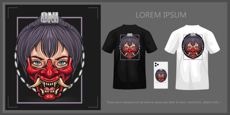 T-shirt design of a female head wearing an oni mask, complete with mockup.のイラスト素材