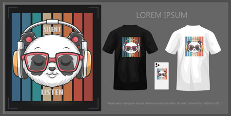 Panda head t-shirt design listening to music using earphones, complete with mockup.のイラスト素材