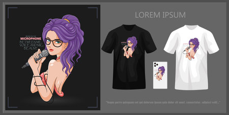 T-shirt design depicting a singer holding a mic, complete with mockup.のイラスト素材