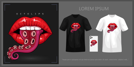 T-shirt design featuring lips with tentacle tongue, complete with mockup.のイラスト素材