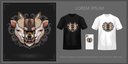 T-shirt design featuring a wolf's head behind a sheep's head, complete with mockup.のイラスト素材