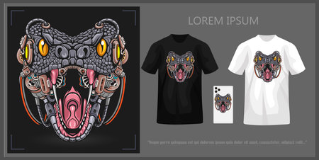 T-shirt design featuring a mecha cobra head, complete with mockup.のイラスト素材