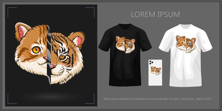 T-shirt design featuring a cat's head and a tiger's head, complete with mockup.のイラスト素材