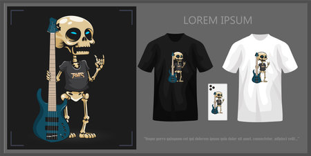 T-shirt design featuring a cute skull holding a bass complete with mockup.のイラスト素材