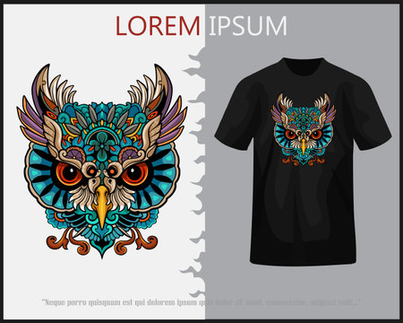 Colorful owl head mandala arts isolated on black t-shirt.のイラスト素材