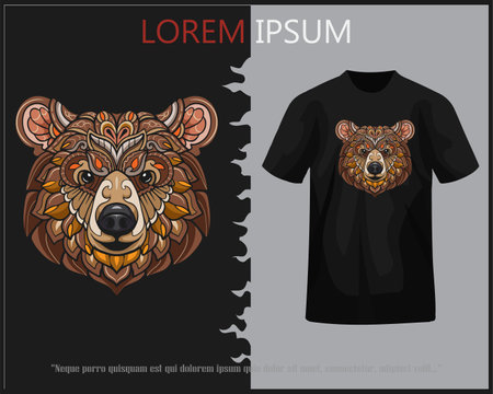 Colorful grizzly bear head mandala arts isolated on black t-shirt.のイラスト素材