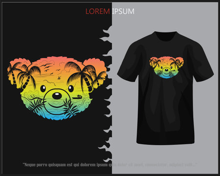 teddy bear head shaped sunset on the beach isolated on black t-shirt.のイラスト素材