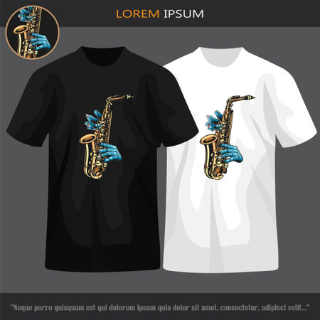 Zombie hand playing saxophone isolated on black t-shirt.のイラスト素材