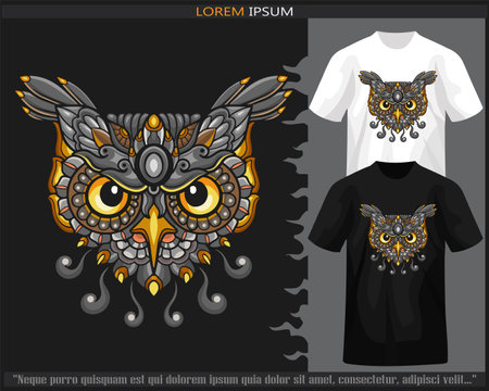 Colorful owl head mandala arts isolated on black and white t-shirt.のイラスト素材