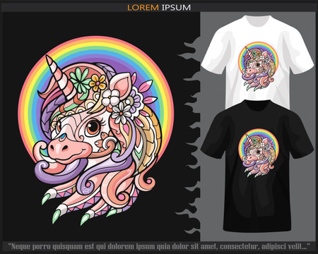Colorful unicorn head mandala arts isolated on black and white t-shirt.のイラスト素材