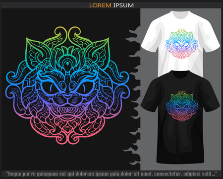 Colorful gradient cat head mandala arts isolated on black and white t-shirt.のイラスト素材
