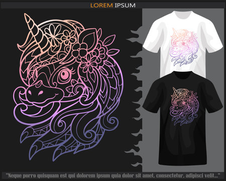 Colorful gradient unicorn head mandala arts isolated on black and white t-shirt.のイラスト素材