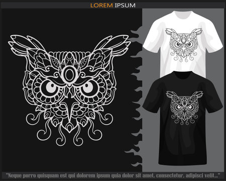 owl head mandala arts isolated on black and white t shirt.のイラスト素材