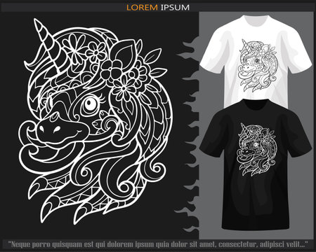unicorn head mandala arts isolated on black and white t shirt.のイラスト素材