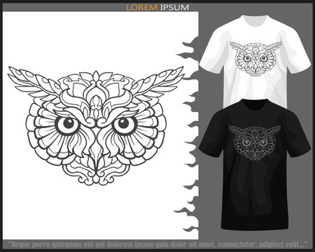owl head mandala arts isolated on black and white t shirt.のイラスト素材