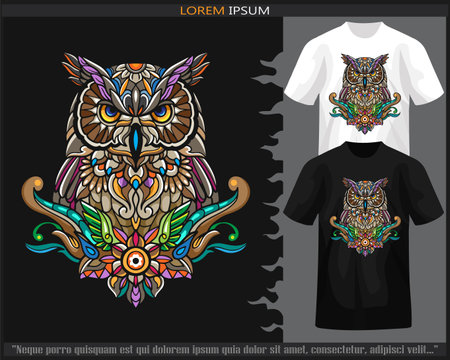 Owl bird mandala arts isolated on black and white t shirt.のイラスト素材