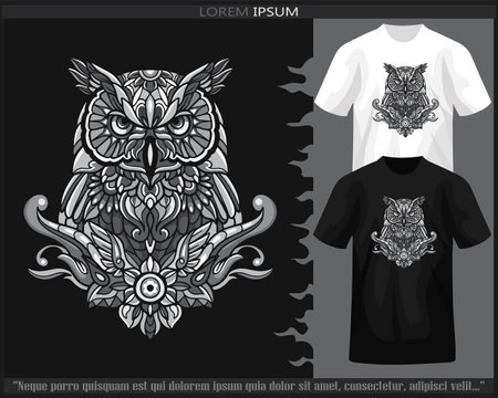 Monochrome color owl bird mandala arts isolated on black and white t shirt.のイラスト素材