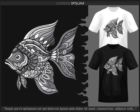 Monochrome color fish mandala arts isolated on black and white t shirt.のイラスト素材