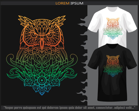 gradient Colorful owl bird mandala arts illustration isolated on black and white t shirt.のイラスト素材