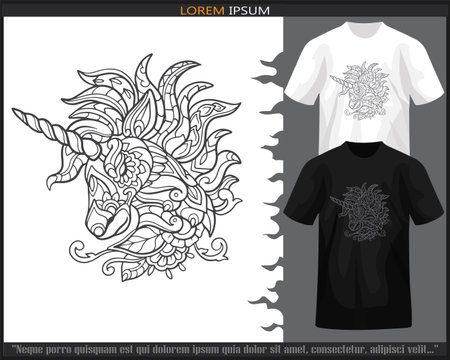 Unicorn head mandala arts isolated on black and white t shirt.のイラスト素材
