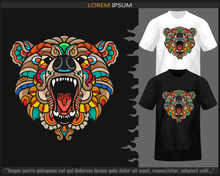 grizzly bear head mandala arts isolated on black and white t shirt.のイラスト素材