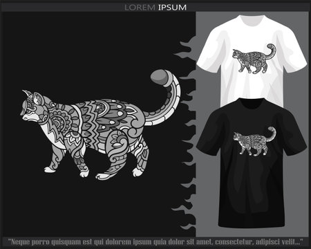 Monochrome color The cat mandala arts isolated on black and white t shirt.のイラスト素材