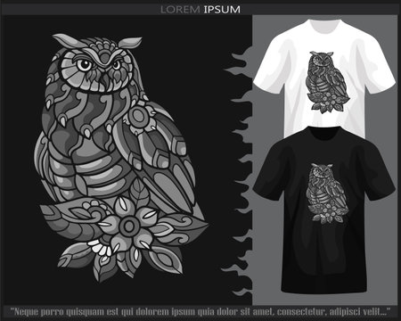Monochrome color Owl bird mandala arts isolated on black and white t shirt.のイラスト素材