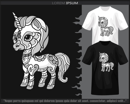 Monochrome color Unicorn mandala arts isolated on black and white t shirt.のイラスト素材